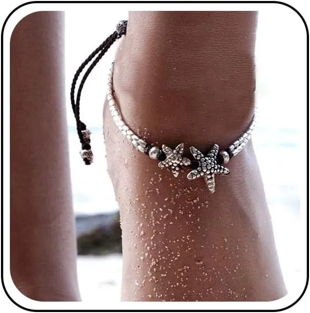Boho Starfish Anklet Bracelet Beach Woven Anklet Chain Layered Silver Star Woven Ankle Chain Bracelets Vintage Starfish Foot Chain Jewelry for Women