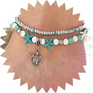 Boho Starfish Anklet Bracelet Sea Turtle Turquoise Chain Anklet Layered Turtle Pendant Ankle Bracelets Beach Blue Beads Foot Chain Jewelry for Women
