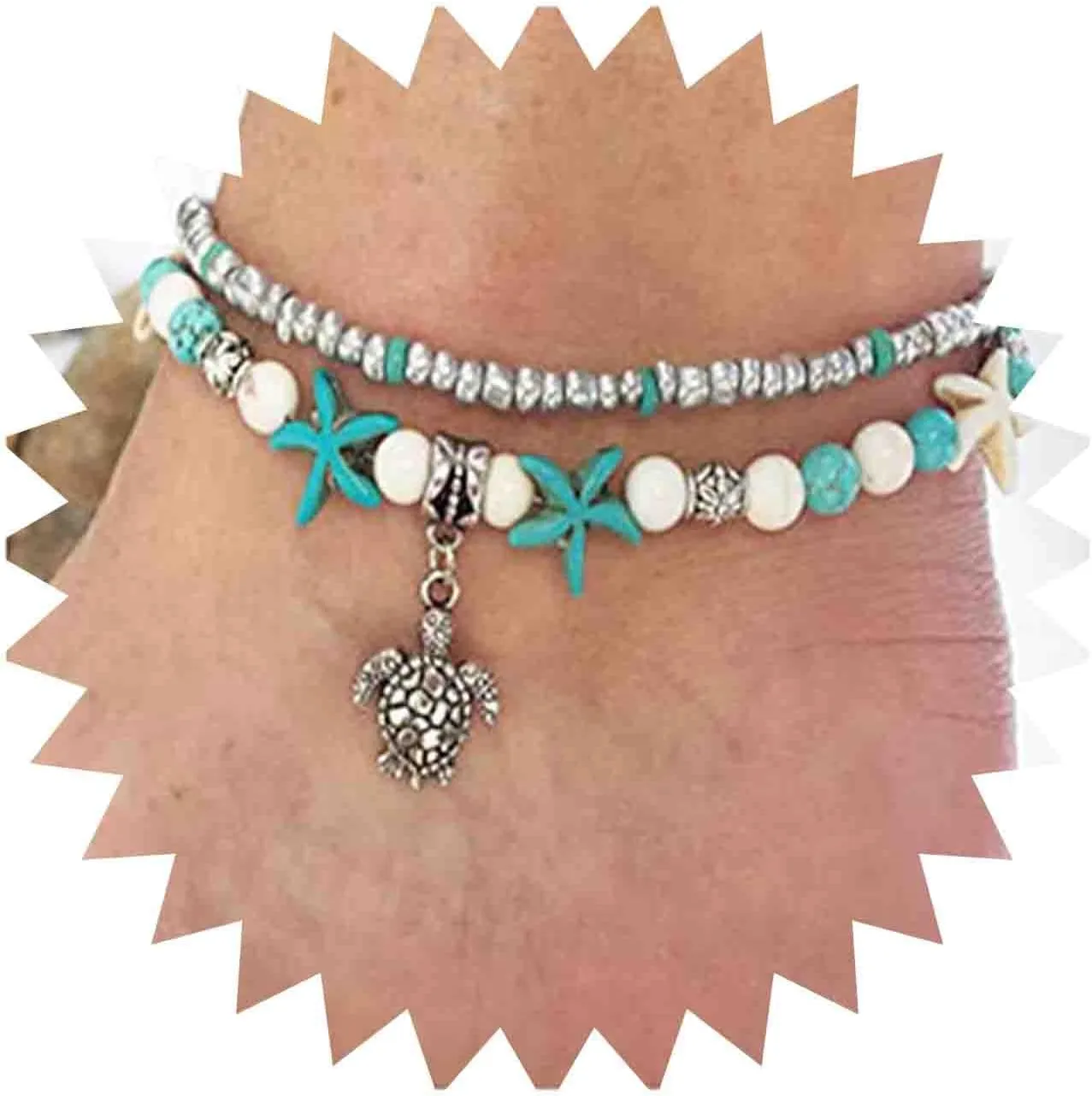 Boho Starfish Anklet Bracelet Sea Turtle Turquoise Chain Anklet Layered Turtle Pendant Ankle Bracelets Beach Blue Beads Foot Chain Jewelry for Women