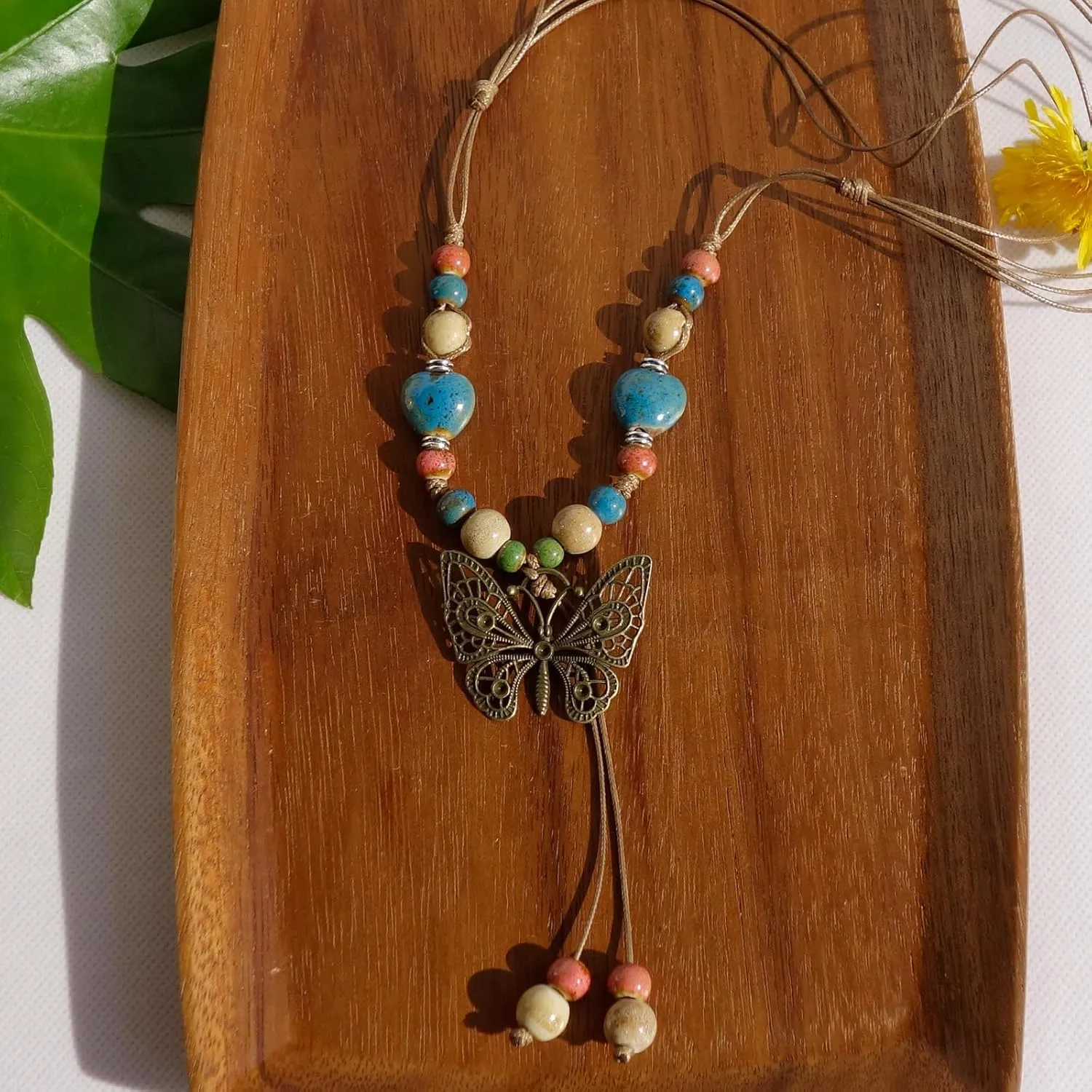 Boho Style Colorful Ceramic Bead Strand Necklace Adjustable Bohemian Jewelry Gift for Women, Fashion Clothing Matching Necklace