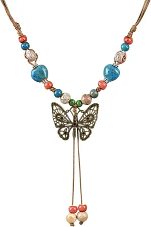 Boho Style Colorful Ceramic Bead Strand Necklace Adjustable Bohemian Jewelry Gift for Women, Fashion Clothing Matching Necklace