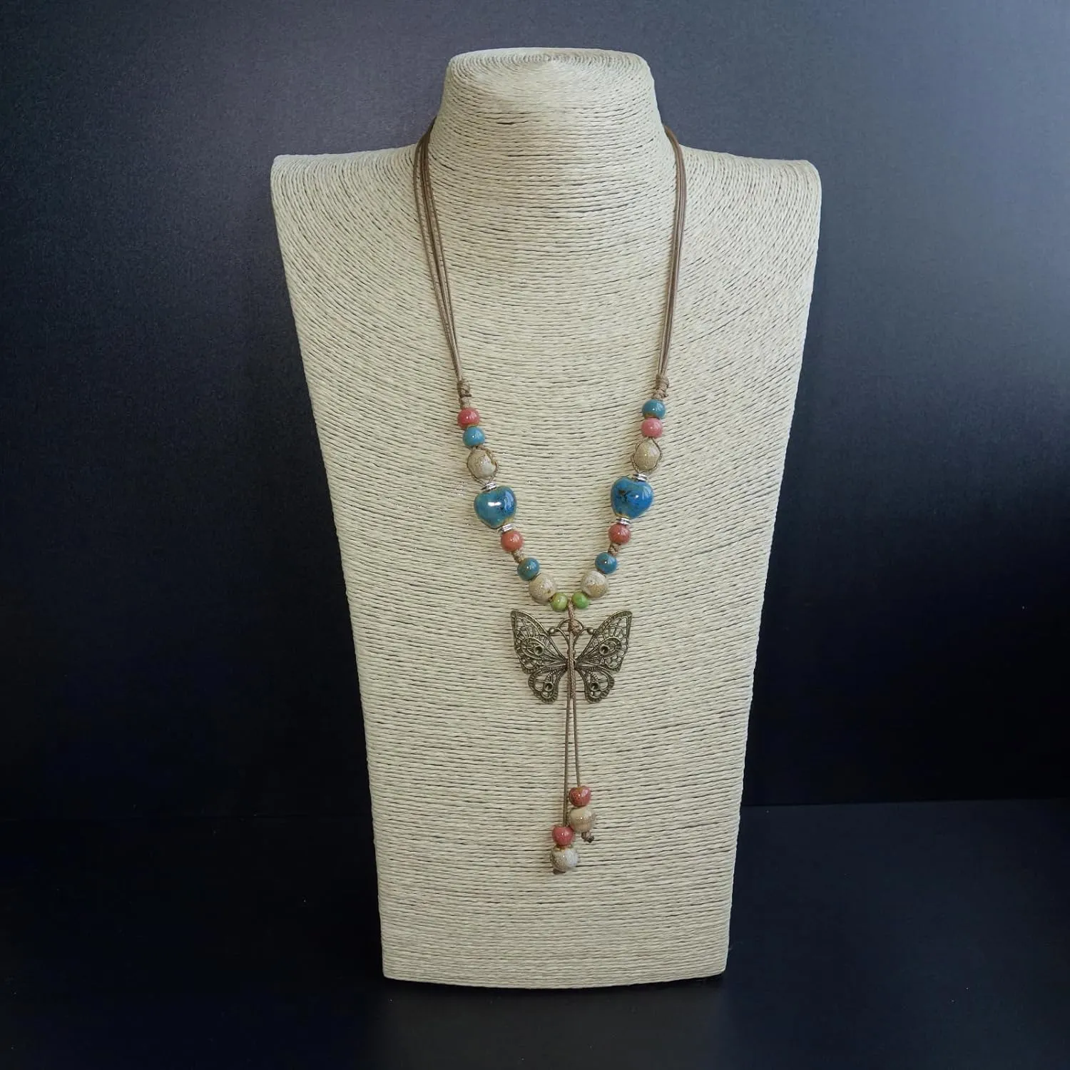 Boho Style Colorful Ceramic Bead Strand Necklace Adjustable Bohemian Jewelry Gift for Women, Fashion Clothing Matching Necklace