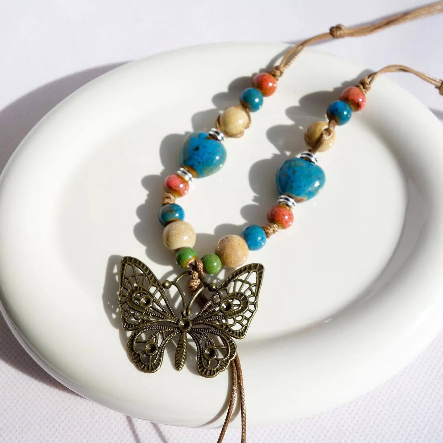 Boho Style Colorful Ceramic Bead Strand Necklace Adjustable Bohemian Jewelry Gift for Women, Fashion Clothing Matching Necklace