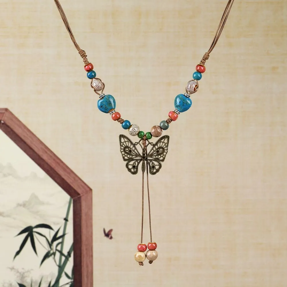 Boho Style Colorful Ceramic Bead Strand Necklace Adjustable Bohemian Jewelry Gift for Women, Fashion Clothing Matching Necklace