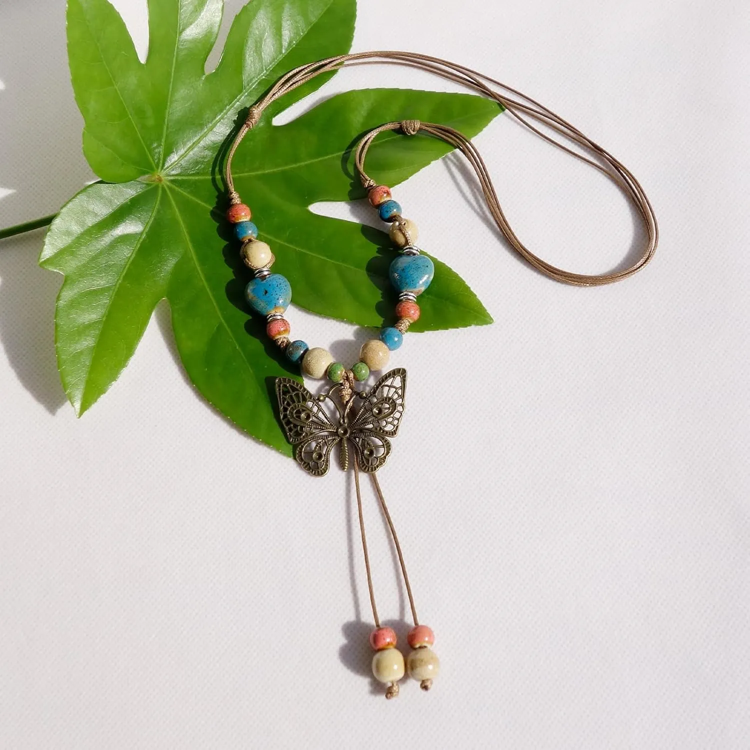 Boho Style Colorful Ceramic Bead Strand Necklace Adjustable Bohemian Jewelry Gift for Women, Fashion Clothing Matching Necklace