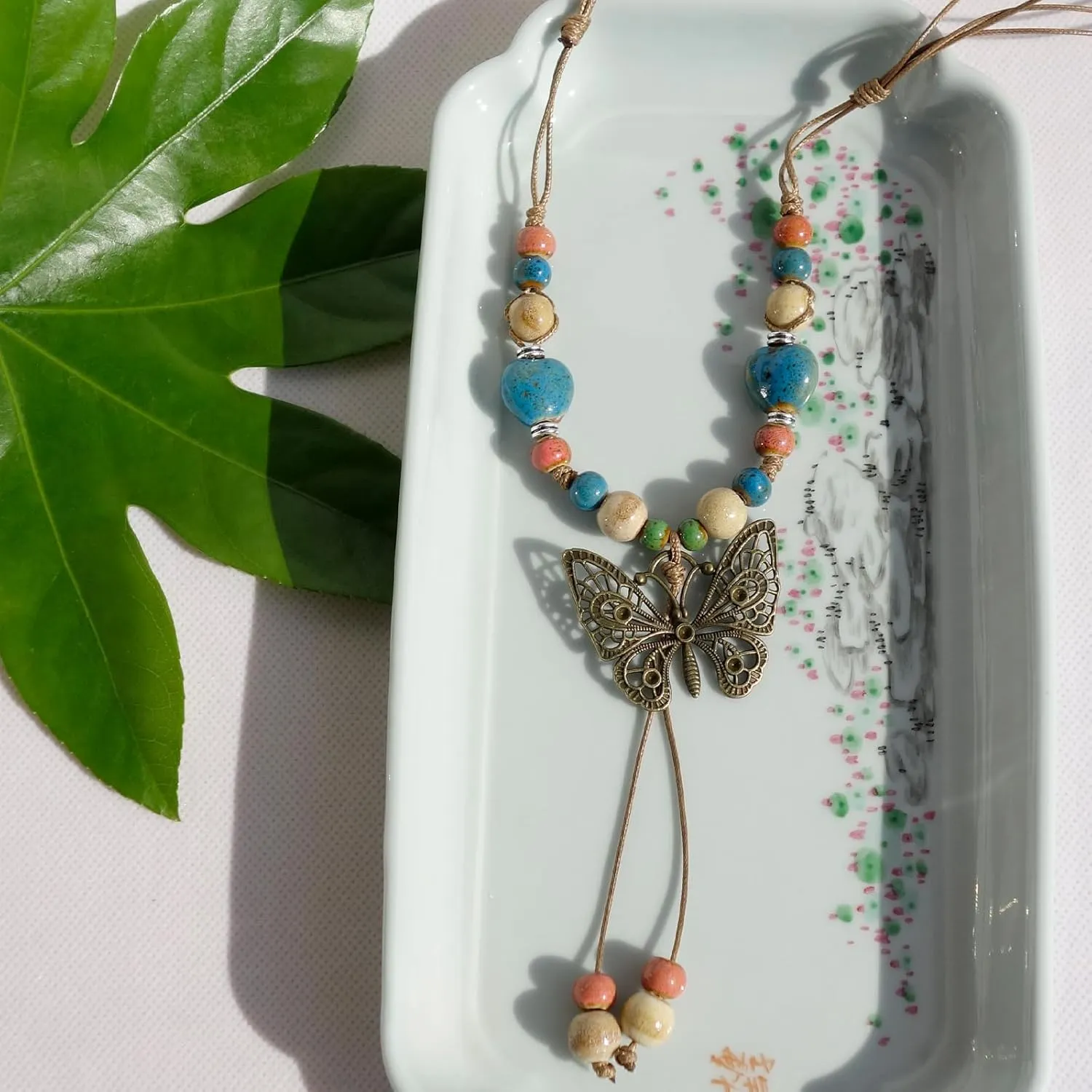 Boho Style Colorful Ceramic Bead Strand Necklace Adjustable Bohemian Jewelry Gift for Women, Fashion Clothing Matching Necklace