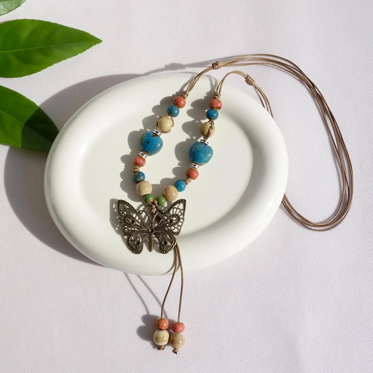 Boho Style Colorful Ceramic Bead Strand Necklace Adjustable Bohemian Jewelry Gift for Women, Fashion Clothing Matching Necklace
