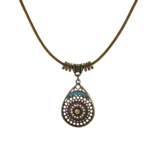 Boho Vintage Style Colorful Copper Teardrop Tan Leather Cord Necklace - Length Choices (16, tan)