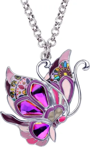 BONSNY Statement Enamel Rhinestone Butterfly Necklaces Pendant Original Design for Women Nature lover Insect Jewelry