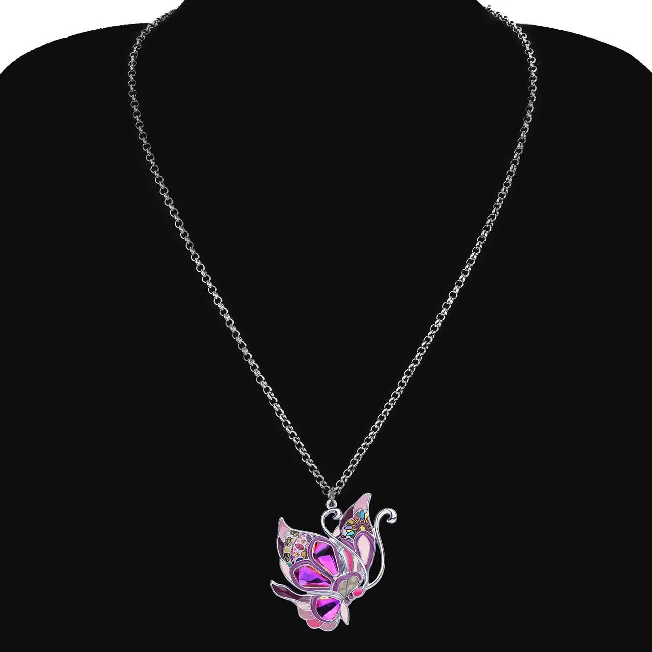 BONSNY Statement Enamel Rhinestone Butterfly Necklaces Pendant Original Design for Women Nature lover Insect Jewelry