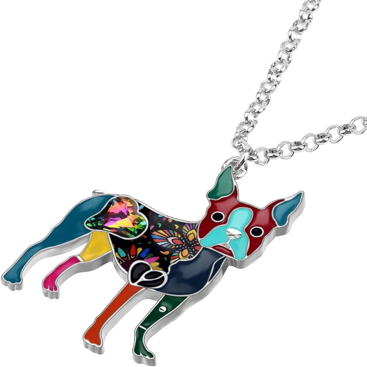 BONSNY Statement Enamel Rhinestone Chain Boston Terrier Dog Necklaces Pendant Original Design for Women Jewelry