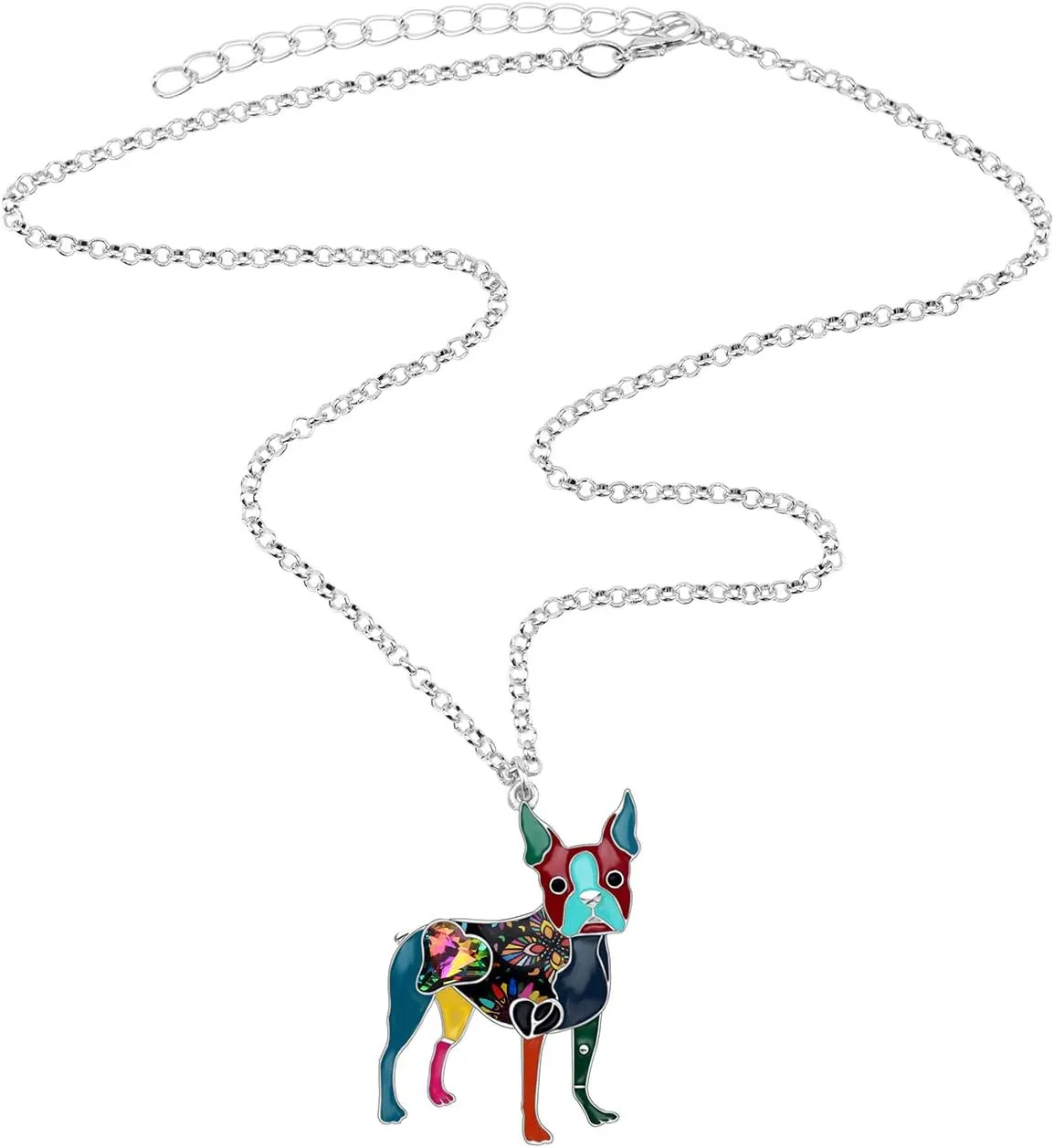 BONSNY Statement Enamel Rhinestone Chain Boston Terrier Dog Necklaces Pendant Original Design for Women Jewelry