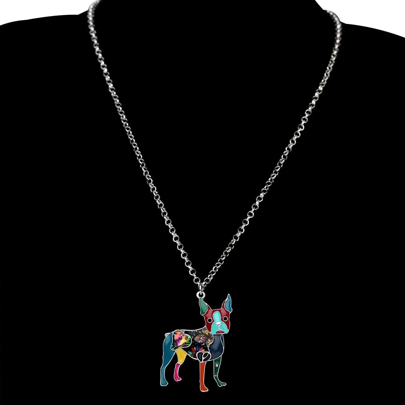 BONSNY Statement Enamel Rhinestone Chain Boston Terrier Dog Necklaces Pendant Original Design for Women Jewelry