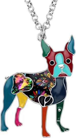 BONSNY Statement Enamel Rhinestone Chain Boston Terrier Dog Necklaces Pendant Original Design for Women Jewelry