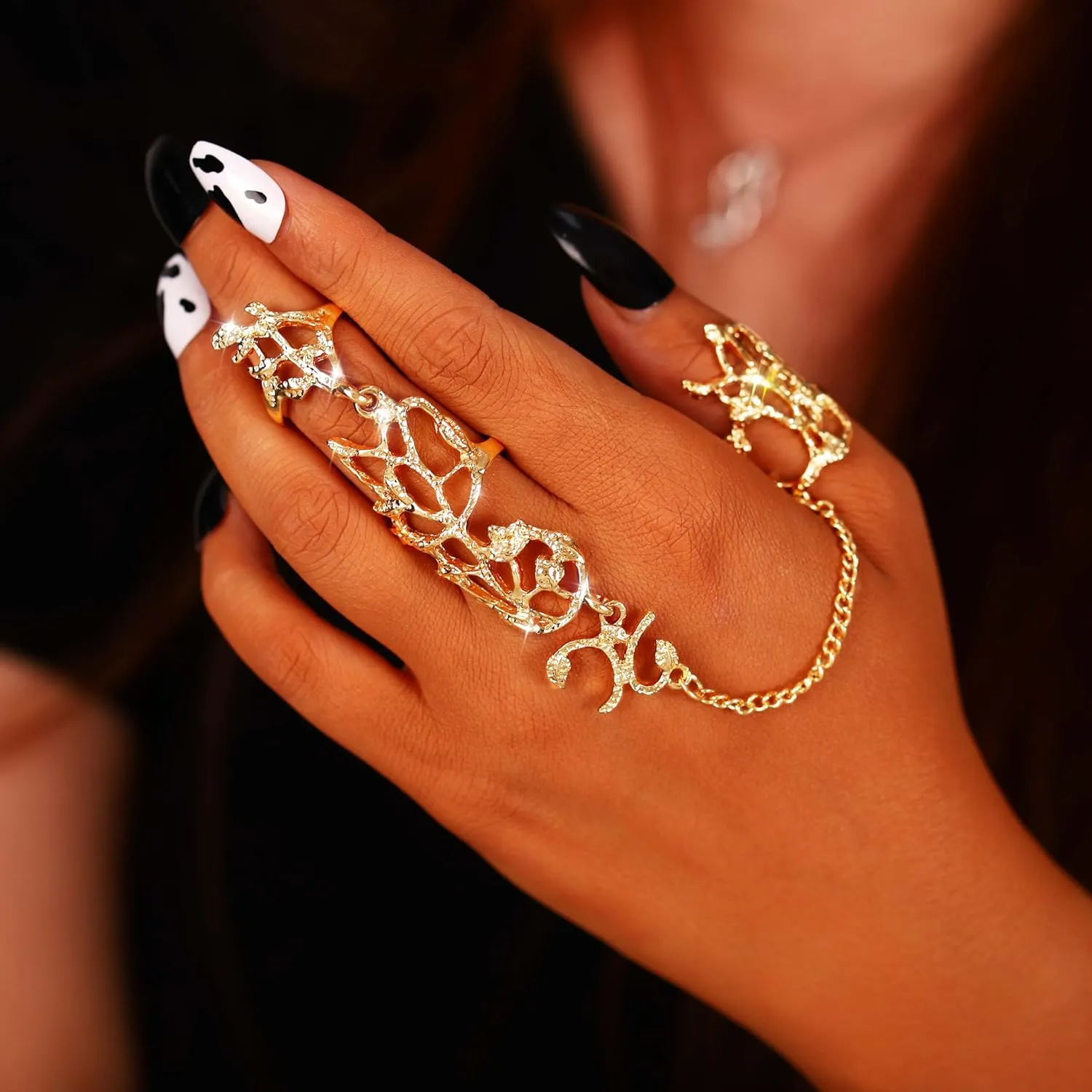 Bounzhi Goth Multiple Rings Finger Stack Knuckle Band Punk Hand Chain Ring Finger Bracelets Beach Slave Bracelet Jewelry for Women and Girls (Gold)