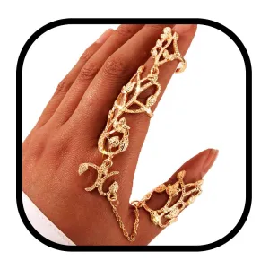 Bounzhi Goth Multiple Rings Finger Stack Knuckle Band Punk Hand Chain Ring Finger Bracelets Beach Slave Bracelet Jewelry for Women and Girls (Gold)