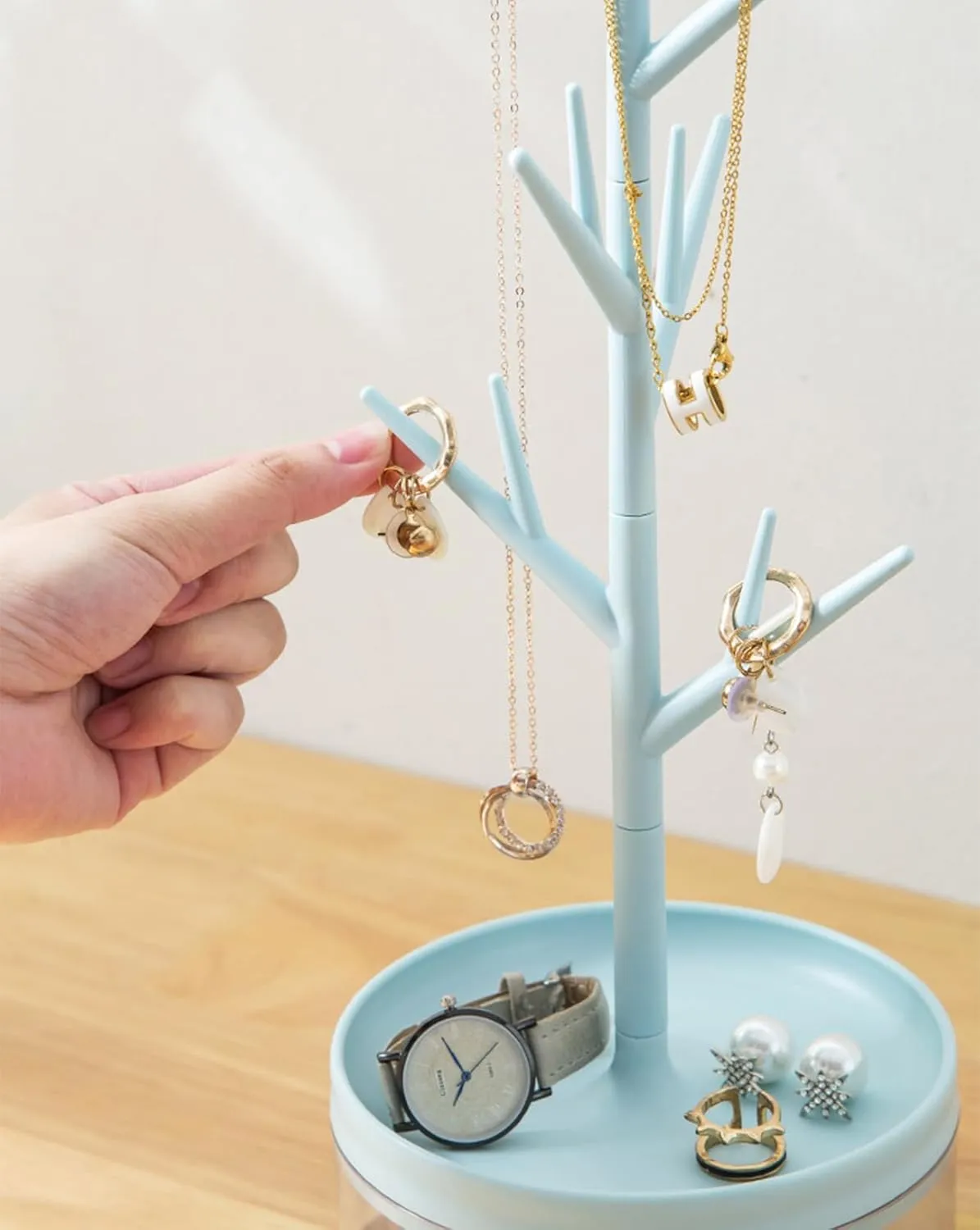 Branch Jewelry Rack Rotatable Base and Storage Box, Jewelry Display Rack Holder, Tree Tower Rack Hanging Organizer for Necklace Bracelet Ring Earrings (White)