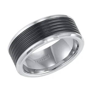 BRANDEN Triton Rings BRANDEN Tungsten Wedding Band With Ribbed Black Tungsten Center 9mm
