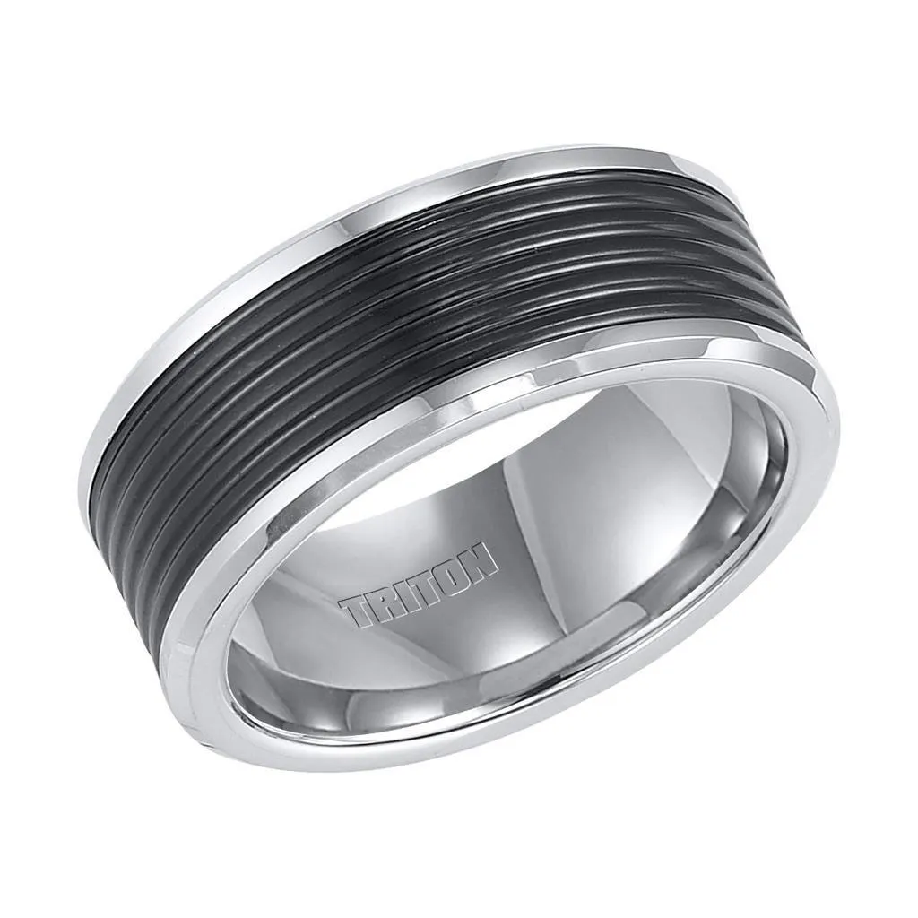 BRANDEN Triton Rings BRANDEN Tungsten Wedding Band With Ribbed Black Tungsten Center 9mm