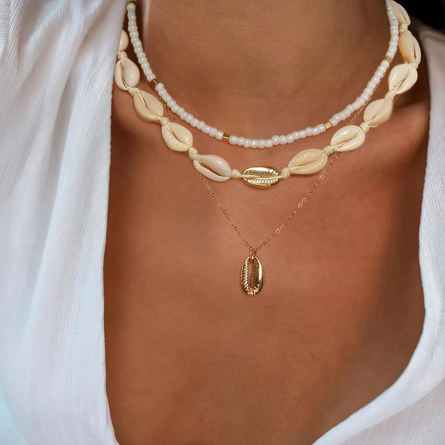 BriLove Bohemian Boho Handmade Simulated Pearls Natural Sea Shell Starfish Layered Collar Necklace for Women Summer Beach Accessories