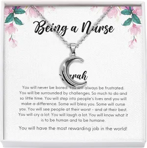 Bubble Hugs Personalized Nurse Necklace Silver Plated Crescent Moon - Being a Nurse - Custom Name for Registered Nurse Workers RN CRNA Thank You