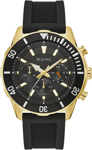 Bulova Men's Sport 6-Hand Chronograph Quartz Watch with Silicone Strap, 24 Hour Time, Calendar Date, Luminous Hands and Markers, 100M Water Resistant, 44mm