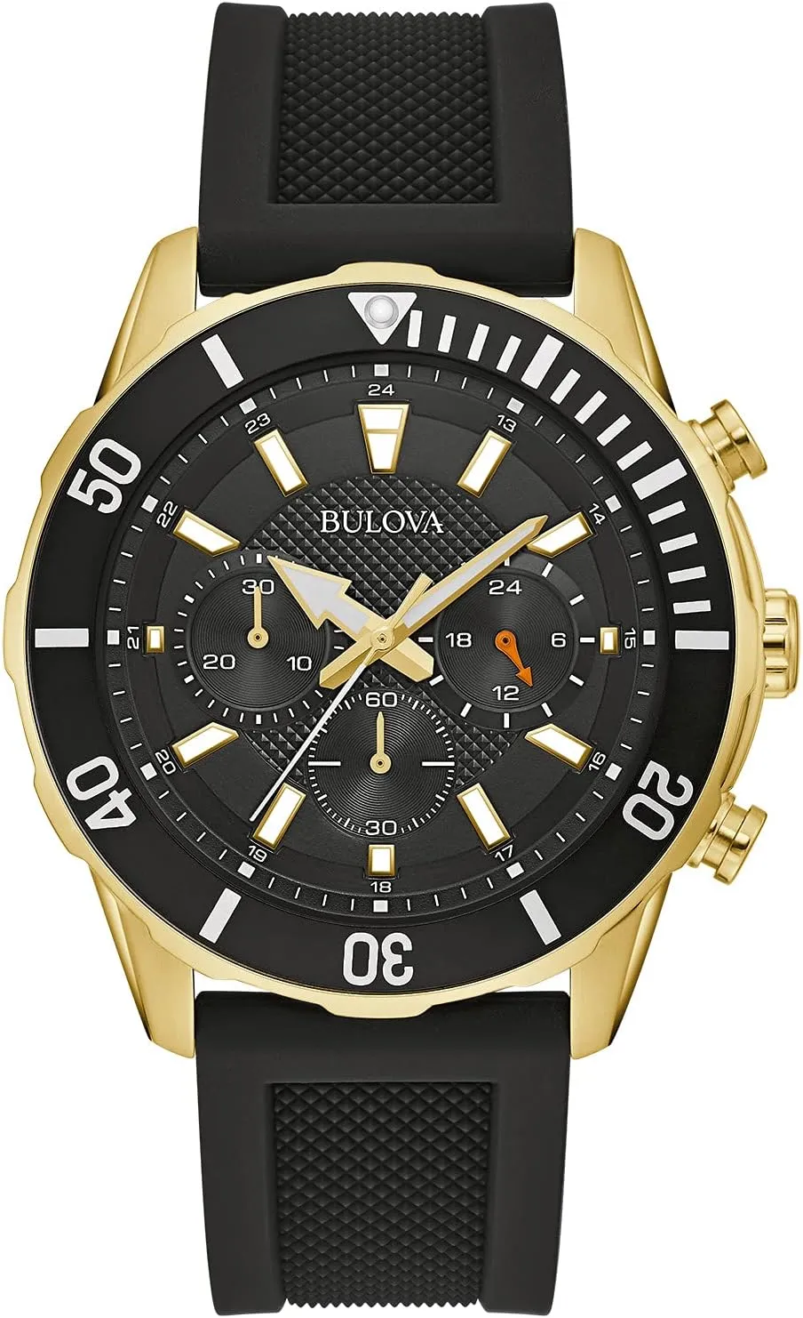 Bulova Men's Sport 6-Hand Chronograph Quartz Watch with Silicone Strap, 24 Hour Time, Calendar Date, Luminous Hands and Markers, 100M Water Resistant, 44mm