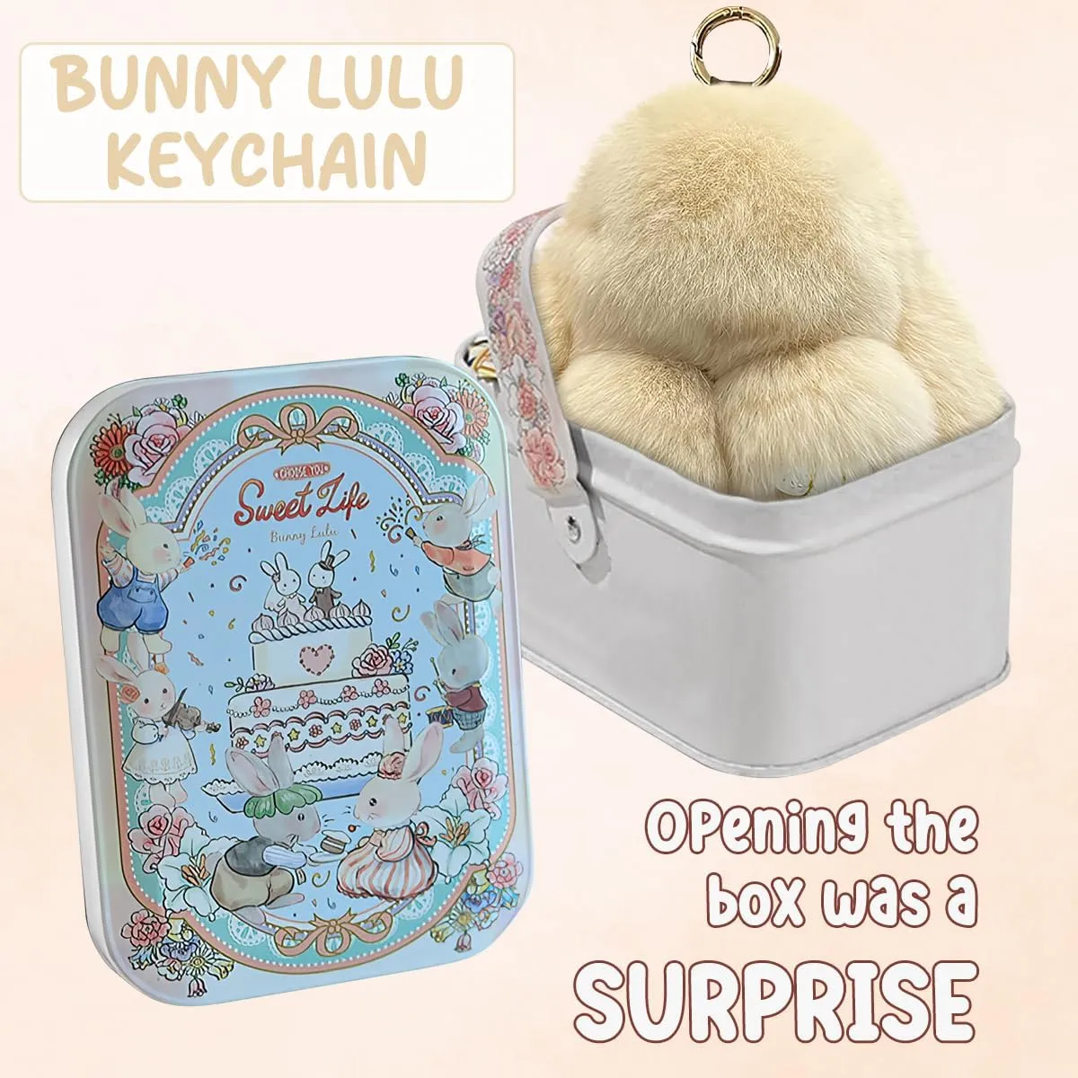 Bunny Keychain, Bunny Keychain with Tin, Bun-ny Cute Plush Key Chain, Handmade Soft Pompom Charms