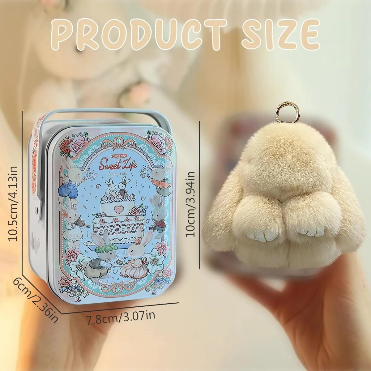 Bunny Keychain, Bunny Keychain with Tin, Bun-ny Cute Plush Key Chain, Handmade Soft Pompom Charms