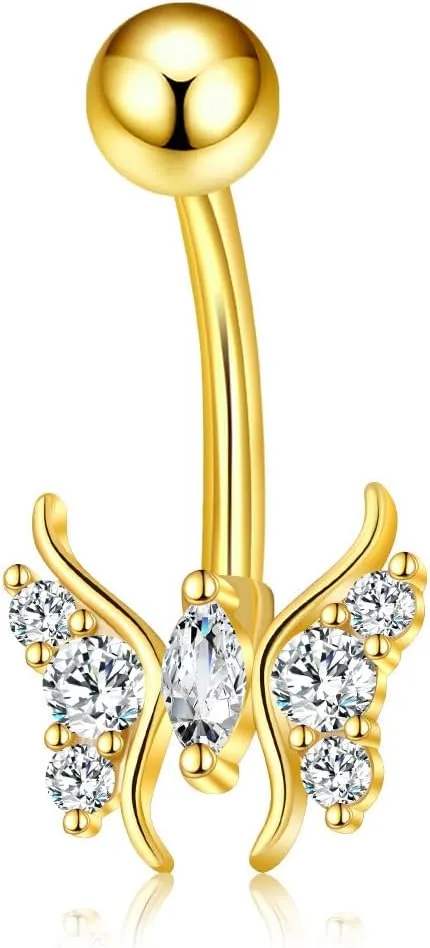 Butterfly Belly Button Ring 14K Gold Belly Button Rings 14G Cute Gold Belly Rings for women Belly Piercing Jewelry Solid Yellow Gold Navel Rings for Women