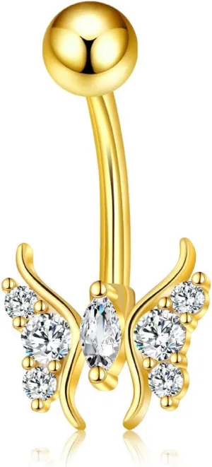 Butterfly Belly Button Ring 14K Gold Belly Button Rings 14G Cute Gold Belly Rings for women Belly Piercing Jewelry Solid Yellow Gold Navel Rings for Women
