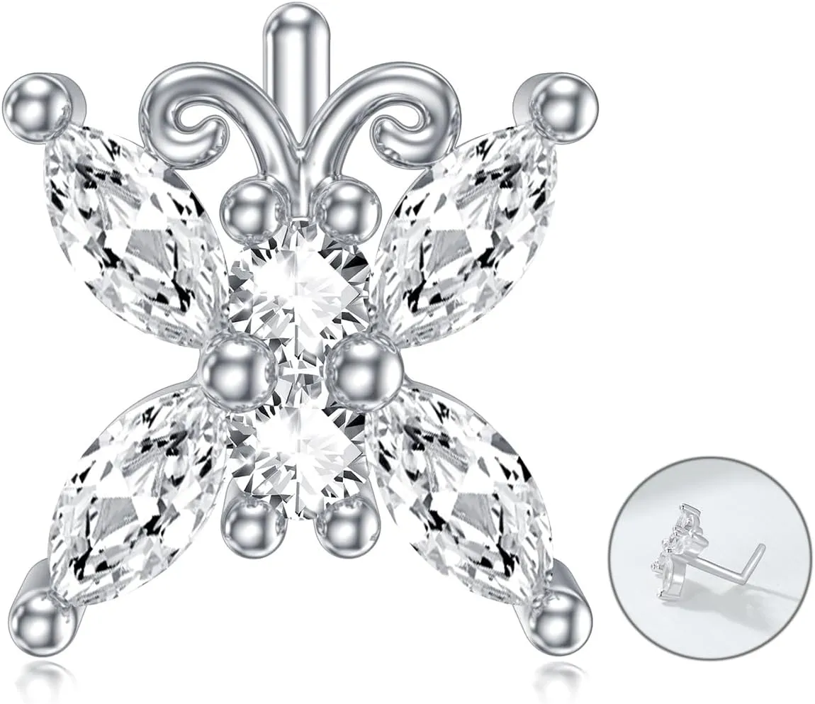 Butterfly Nose Stud Sterling Silver 20G L Shaped Nose Rings Butterfly Piercing Nose Jewelry Gifts for Women