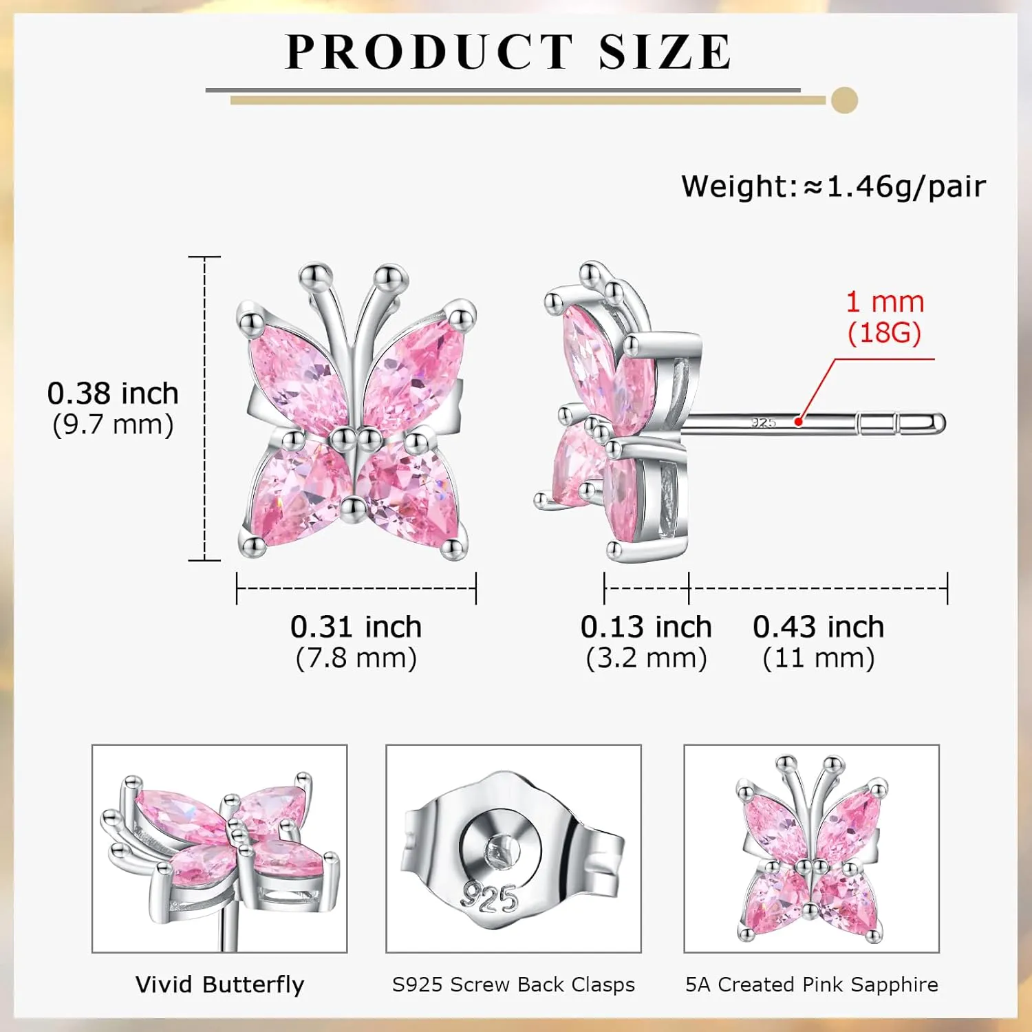 Butterfly Stud Earrings for Women 925 Sterling Silver Marquise Cut Birthstone Studs Hypoallergenic Ear Jewelry Gift for Her