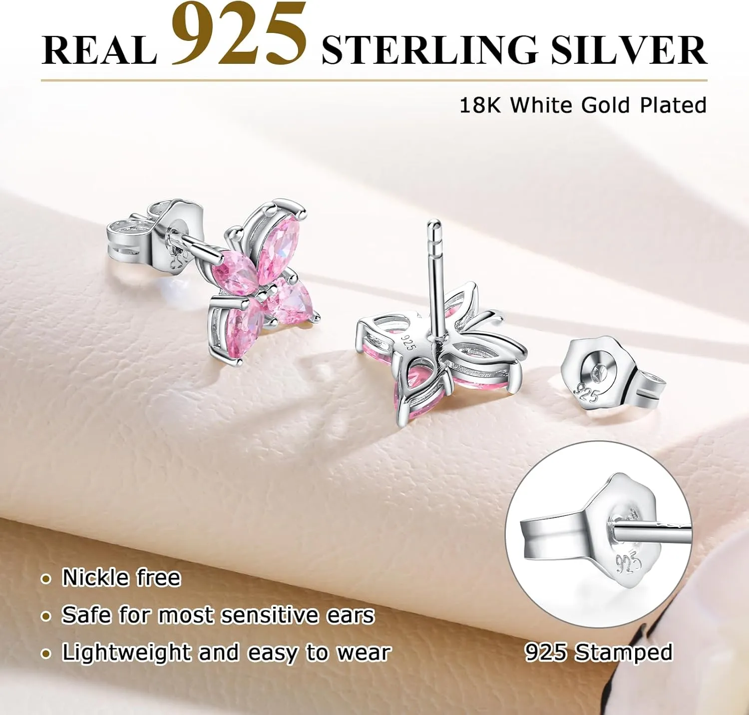Butterfly Stud Earrings for Women 925 Sterling Silver Marquise Cut Birthstone Studs Hypoallergenic Ear Jewelry Gift for Her