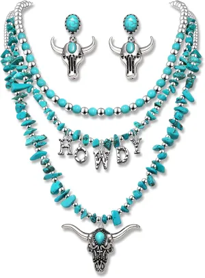 BVGA Western Necklace Earrings Set for Women Layered Turquoise Chip Bull Head HOWDY Pendant Necklace Turquoise Bull Head Dangle Earrings Western Cowgirl Boho Jewelry Accessories