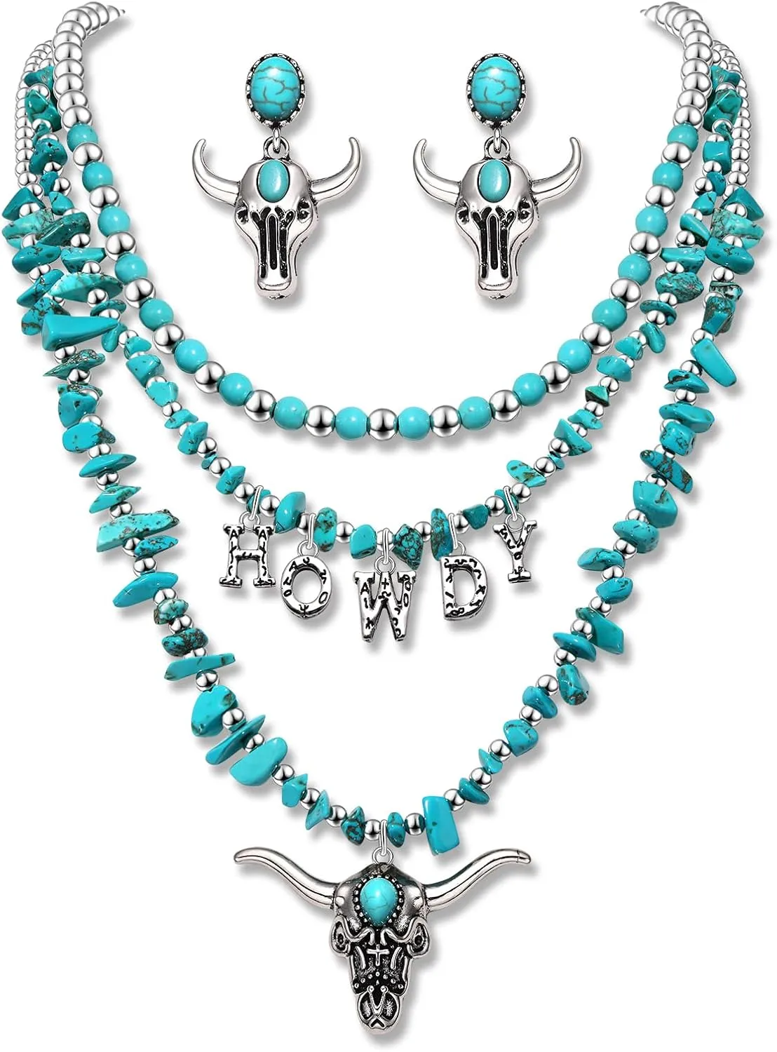 BVGA Western Necklace Earrings Set for Women Layered Turquoise Chip Bull Head HOWDY Pendant Necklace Turquoise Bull Head Dangle Earrings Western Cowgirl Boho Jewelry Accessories