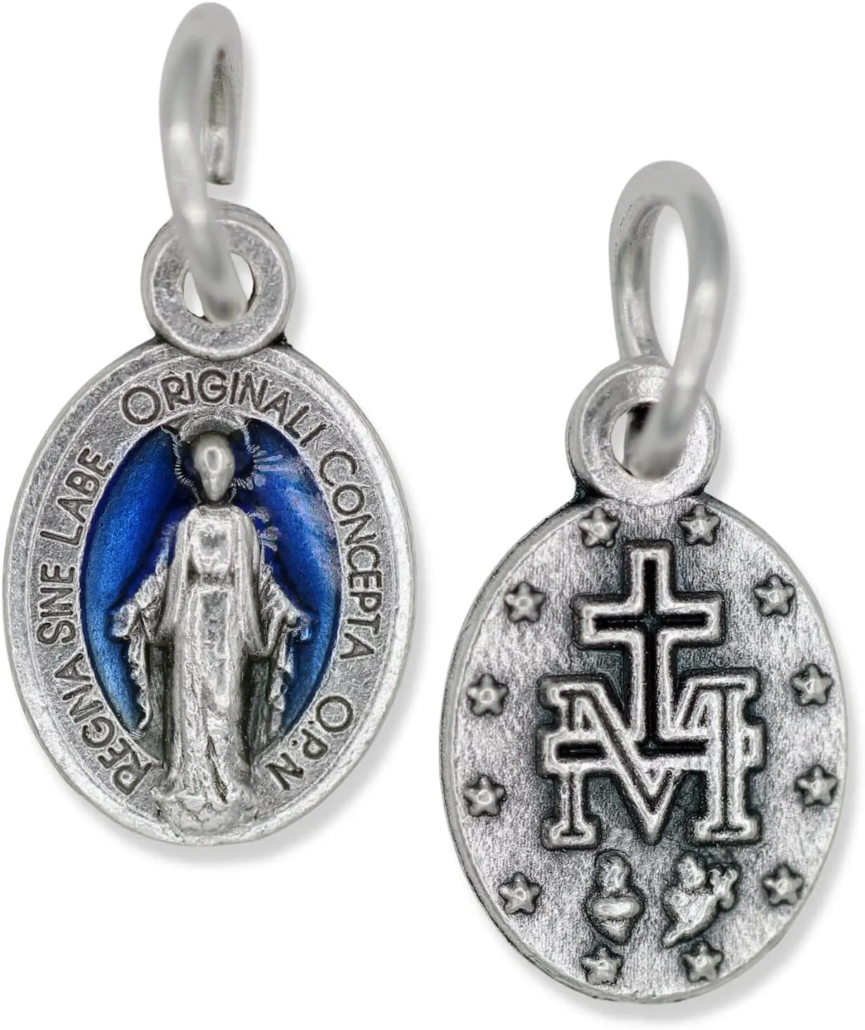 Caritas et Fides Pack of 10 - Mini Miraculous Medal Pendant for Charm Bracelet or Necklace, 1/2" Silver and Blue, Small - Made in Italy