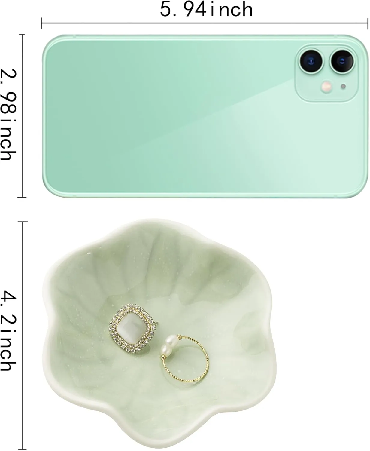 Ceramic Trinket Dish, Ring Tray, Decorative Jewelry Dish for Earrings Necklaces Watch Keys Women (Green Leaf)