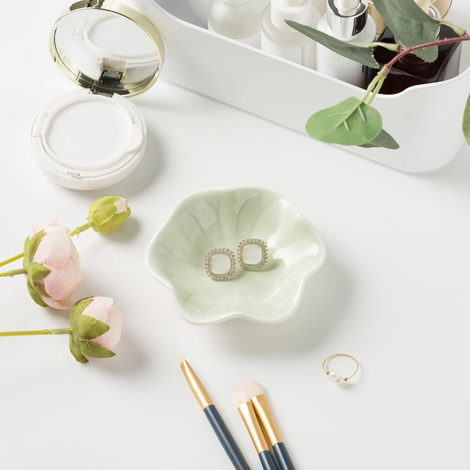 Ceramic Trinket Dish, Ring Tray, Decorative Jewelry Dish for Earrings Necklaces Watch Keys Women (Green Leaf)