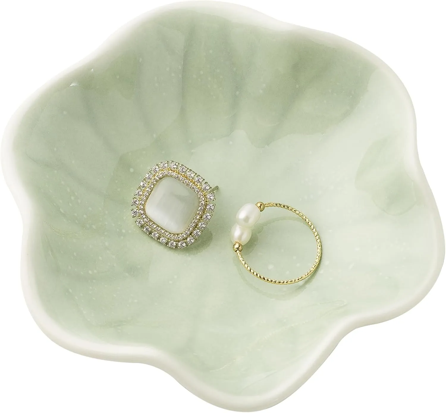 Ceramic Trinket Dish, Ring Tray, Decorative Jewelry Dish for Earrings Necklaces Watch Keys Women (Green Leaf)