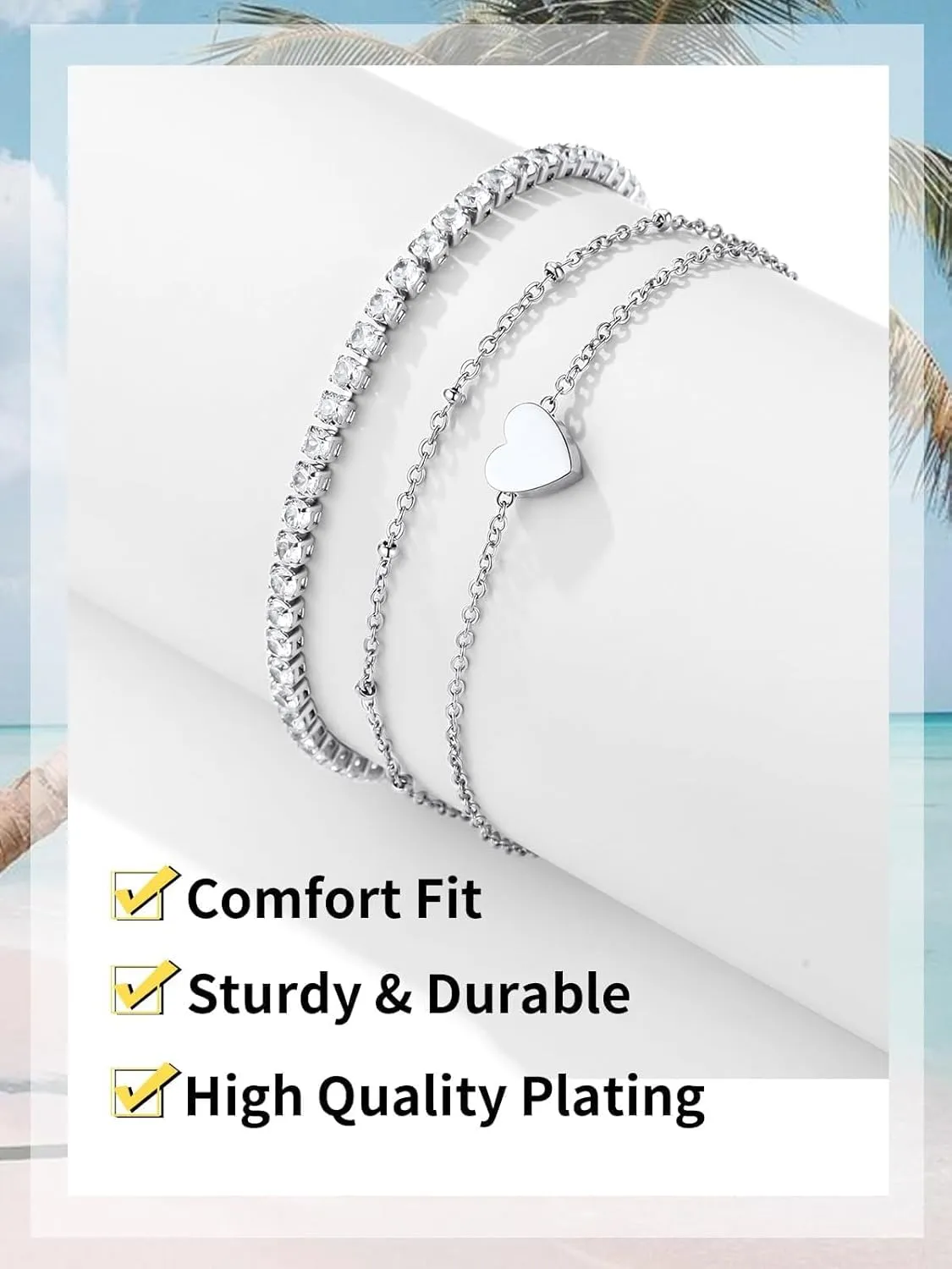 ChainsHouse Anklet Bracelets for Women, Gold Plated/Stainless Steel Layered Waterproof Anklets Cubic Zirconia Snake Cuban Chain Anklets Set for Women Summer Beach Jewelry Gifts