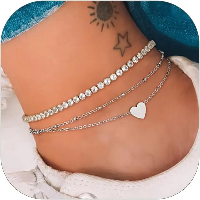 ChainsHouse Anklet Bracelets for Women, Gold Plated/Stainless Steel Layered Waterproof Anklets Cubic Zirconia Snake Cuban Chain Anklets Set for Women Summer Beach Jewelry Gifts