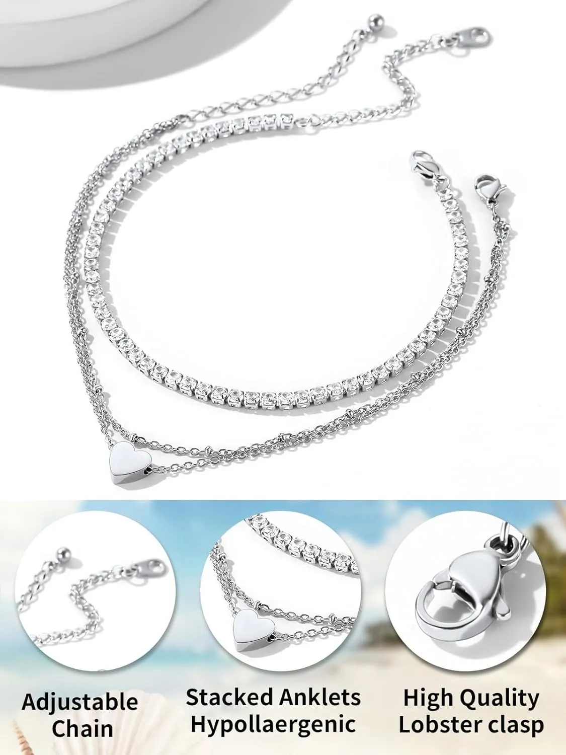 ChainsHouse Anklet Bracelets for Women, Gold Plated/Stainless Steel Layered Waterproof Anklets Cubic Zirconia Snake Cuban Chain Anklets Set for Women Summer Beach Jewelry Gifts