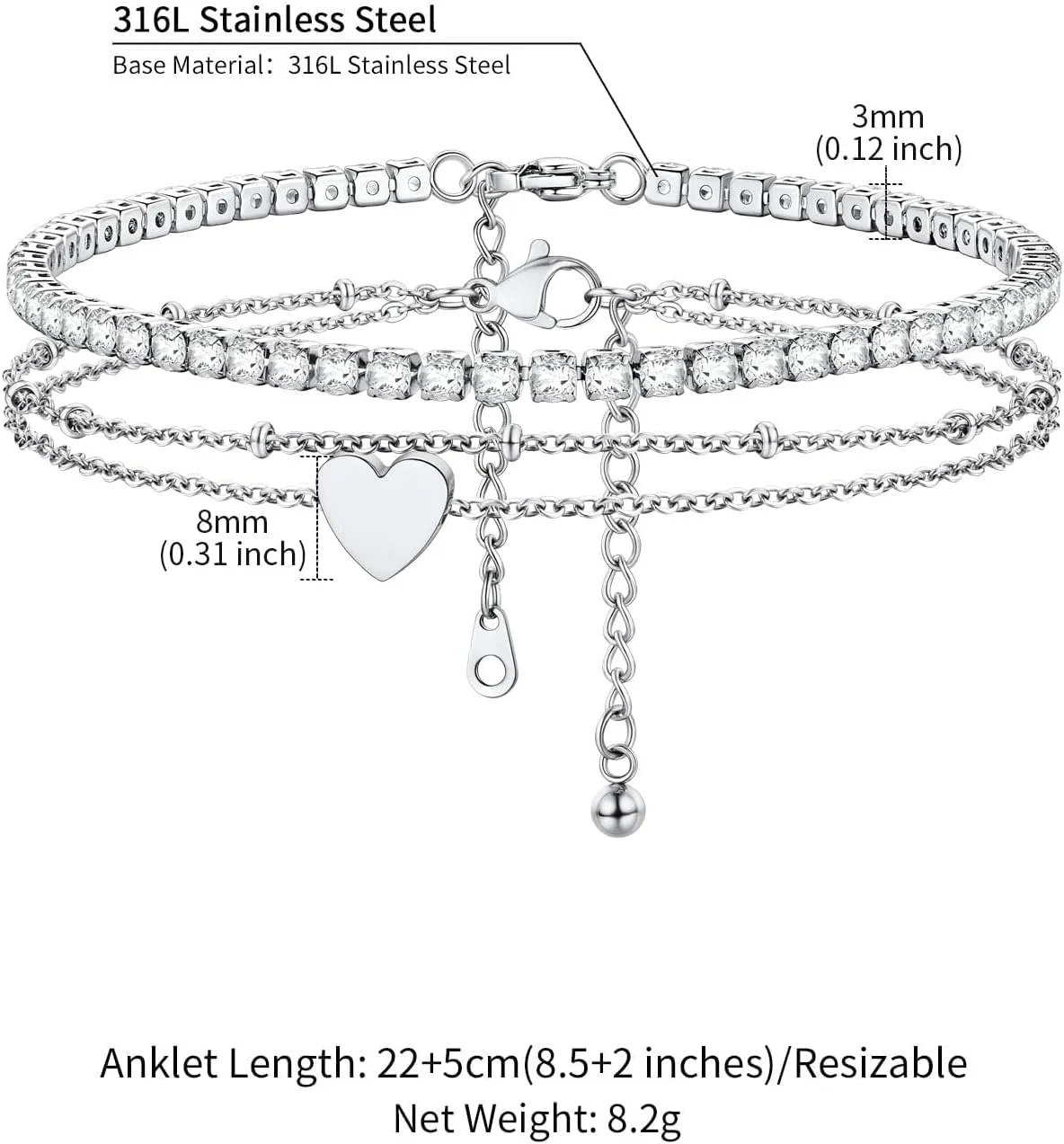 ChainsHouse Anklet Bracelets for Women, Gold Plated/Stainless Steel Layered Waterproof Anklets Cubic Zirconia Snake Cuban Chain Anklets Set for Women Summer Beach Jewelry Gifts