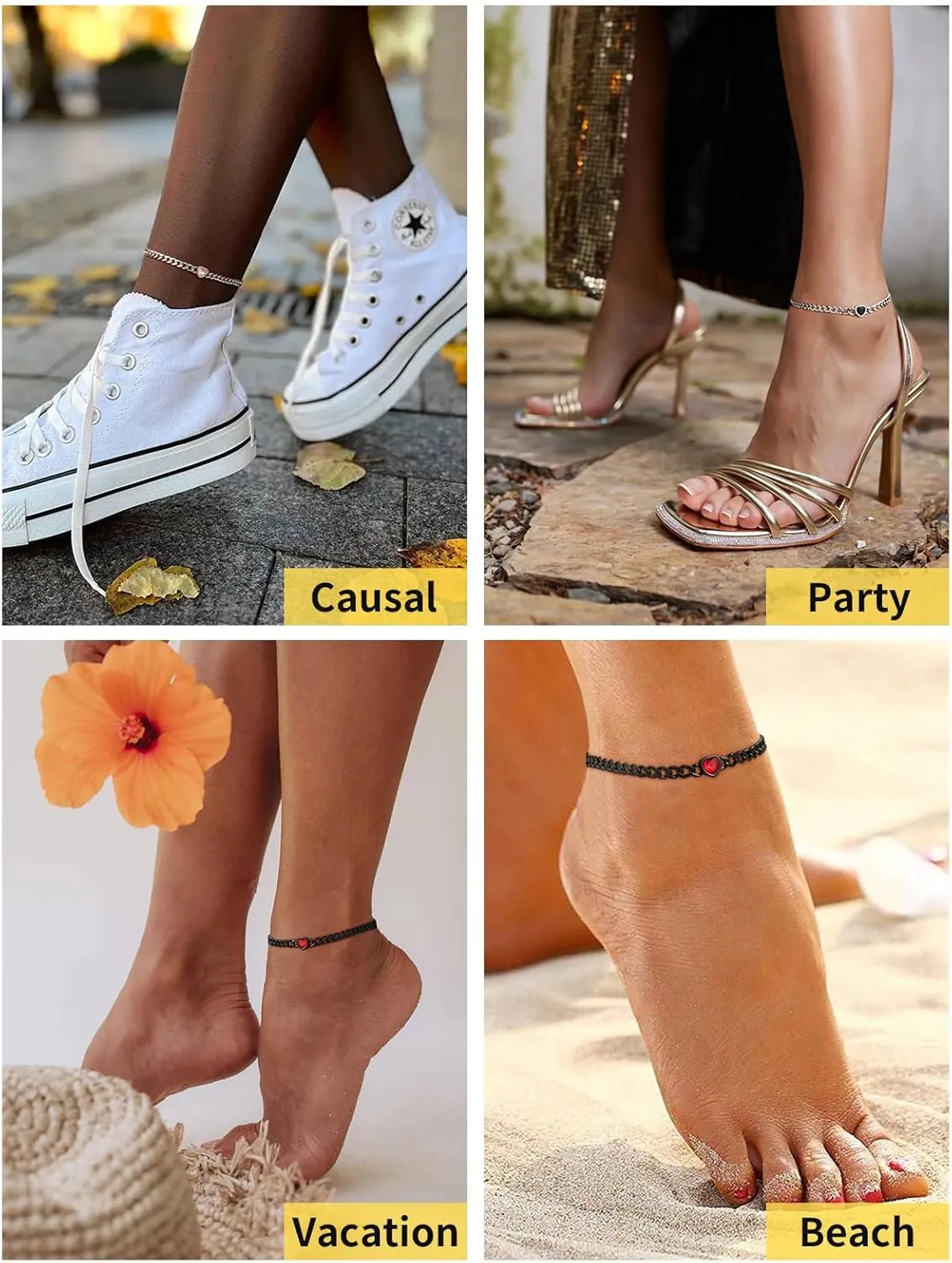 ChainsHouse Cuban Chain Anklets for Women,Stainless Steel Black 6mm Link Chain Ankle Bracelet with Heart Birthstone Jan - Dec 12 Months, 22cm-27cm Adjustable, with Gift Box