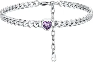 ChainsHouse Cuban Chain Anklets for Women,Stainless Steel Black 6mm Link Chain Ankle Bracelet with Heart Birthstone Jan - Dec 12 Months, 22cm-27cm Adjustable, with Gift Box