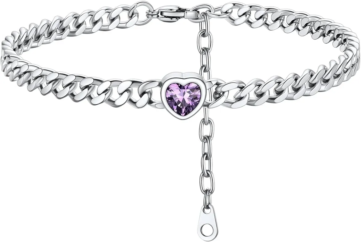 ChainsHouse Cuban Chain Anklets for Women,Stainless Steel Black 6mm Link Chain Ankle Bracelet with Heart Birthstone Jan - Dec 12 Months, 22cm-27cm Adjustable, with Gift Box