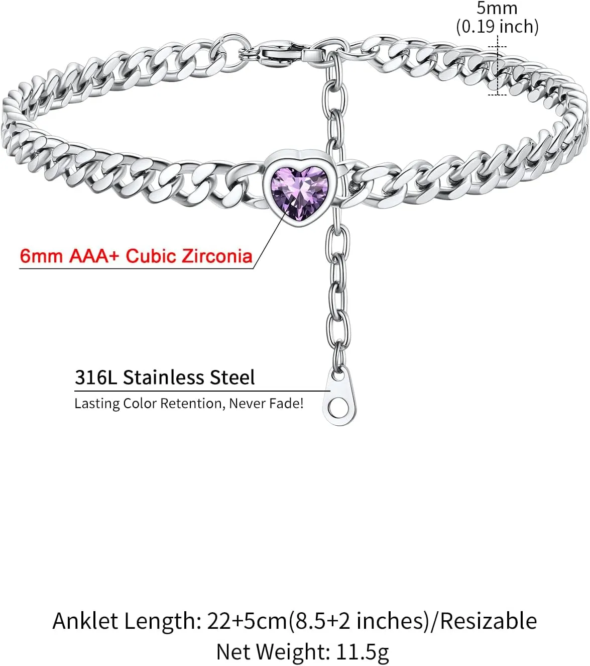 ChainsHouse Cuban Chain Anklets for Women,Stainless Steel Black 6mm Link Chain Ankle Bracelet with Heart Birthstone Jan - Dec 12 Months, 22cm-27cm Adjustable, with Gift Box