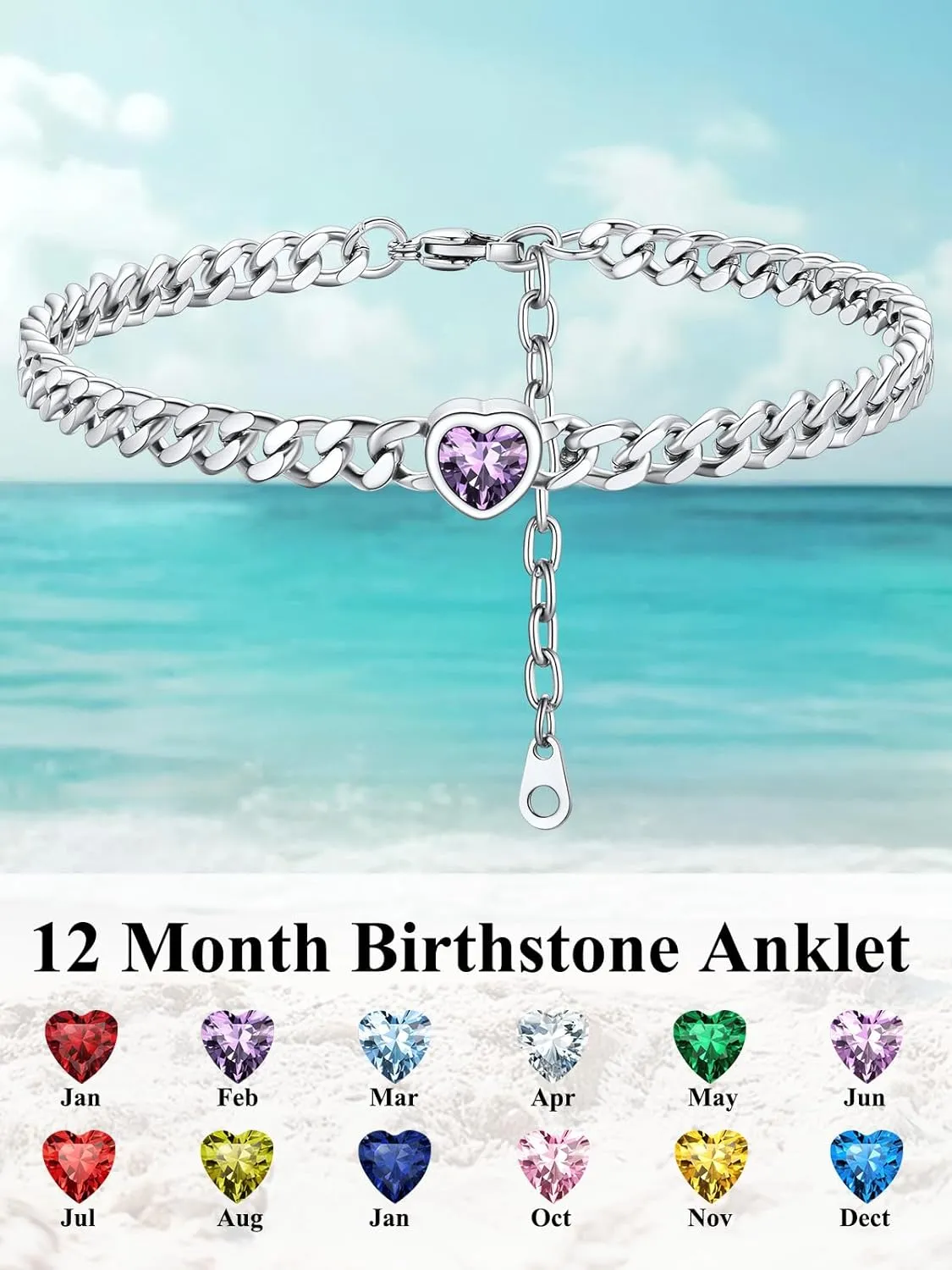ChainsHouse Cuban Chain Anklets for Women,Stainless Steel Black 6mm Link Chain Ankle Bracelet with Heart Birthstone Jan - Dec 12 Months, 22cm-27cm Adjustable, with Gift Box