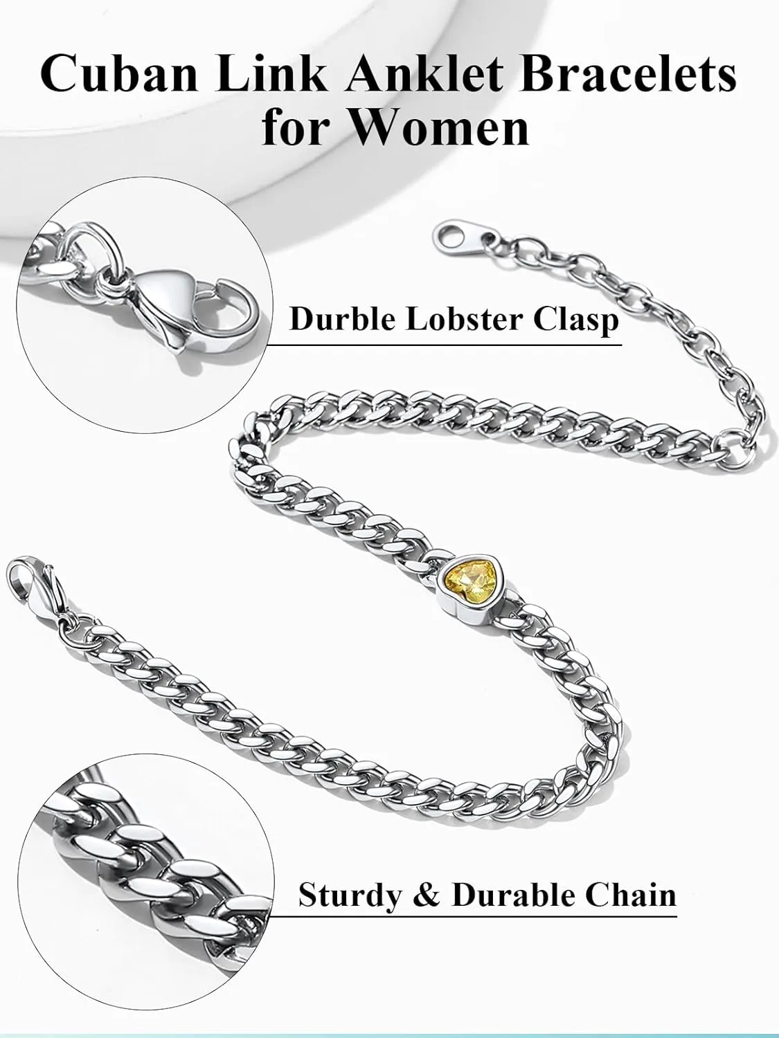 ChainsHouse Cuban Chain Anklets for Women,Stainless Steel Black 6mm Link Chain Ankle Bracelet with Heart Birthstone Jan - Dec 12 Months, 22cm-27cm Adjustable, with Gift Box